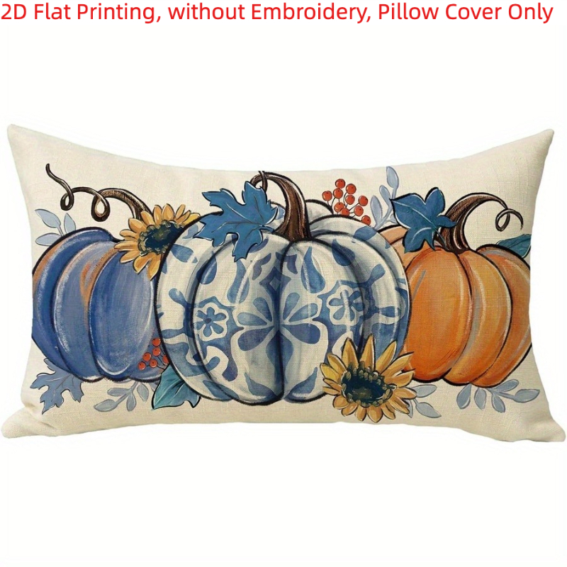 TEMU 2d Flat - 1pc, 2d Flat Printing, Autumn Chinoiserie Pumpkin Decorative Throw Pillow Cover, Fall Thanksgiving Blue And White Porcelain ,