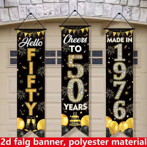 2d flat 2d flat banner 3pcs birthday banner made of 47 2in 11 8in 50th birthday party banner 1976 porch sign for 50th hanging background in black and golden 50th birthday party door wall dec 2d flat