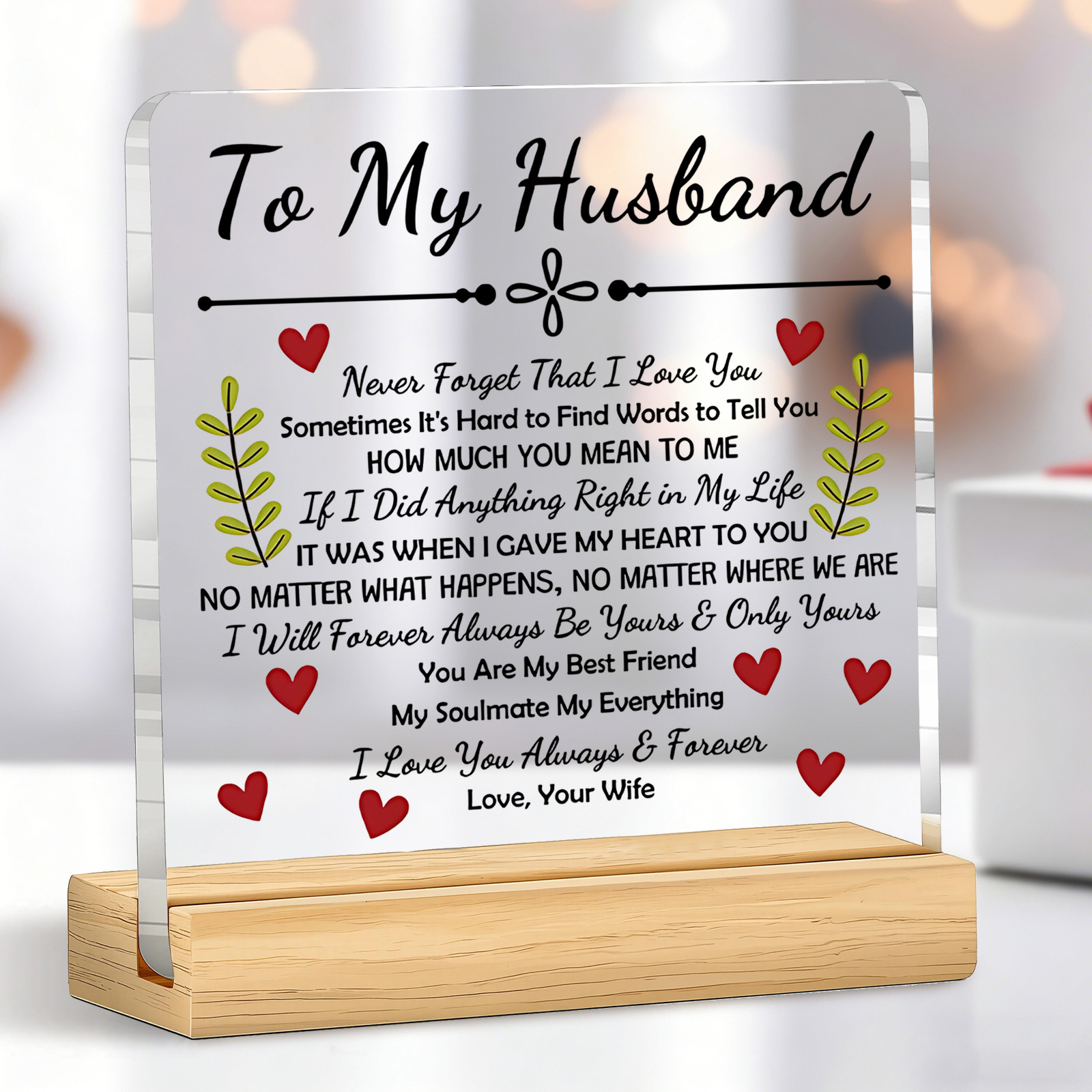 TEMU 2d Flat 1pc Romantic Acrylic Plaque Desktop Decorative Sign Quotes For Husband, Transparent Souvenir With Wooden Base, Anniversary, Birthday,