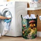 1pc Laundry Basket - Mushroom Forest Design with Glowing Mushrooms & Cottage - Heavy-Duty Polyester Laundry Hamper - Handles for Bathroom, Bedroom, Kitchen - Decorative Storage Organizer Basket - Ideal Housewarming Gift, , Whimsical Design, Durable Polyester, Bedroom Decor, Sturdy Construction, Small , 2D Flat, Laundry Hampers