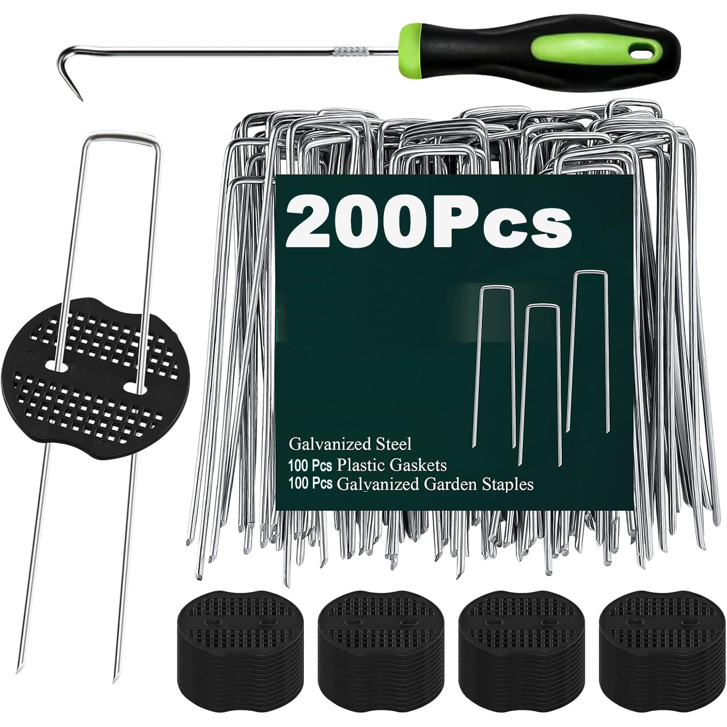 Image of 200pcs Garden Stakes Kit, 7. 91 Inch 100pcs Galvanized Landscape + 100pcs Gaskets + Hook, Tent Stakes Landscaping Fabric Sod Pins For Weed Fabric Barrier, Groud Cover, Fence