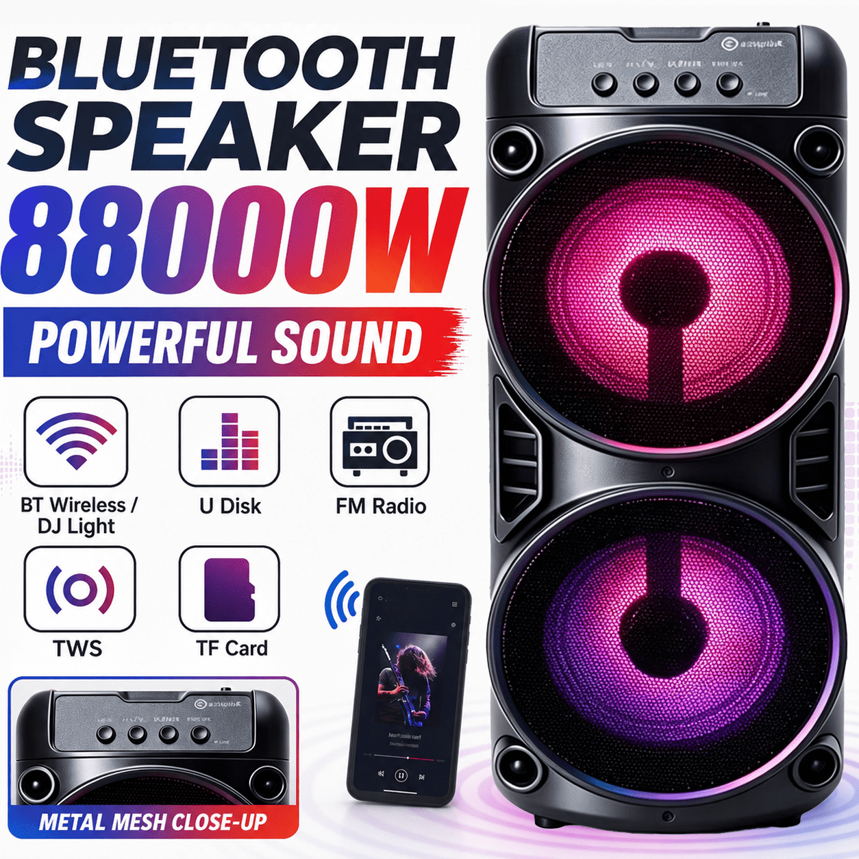 Image of 88000w Portable Wireless Bluetooth Speaker, Stable Bluetooth-5.3 Connection, Strong , Colorful Led Lights, Tws Pairing, Fm, Tf & Usb , Outdoor Audio For Camping & Party Holiday Gifts Or