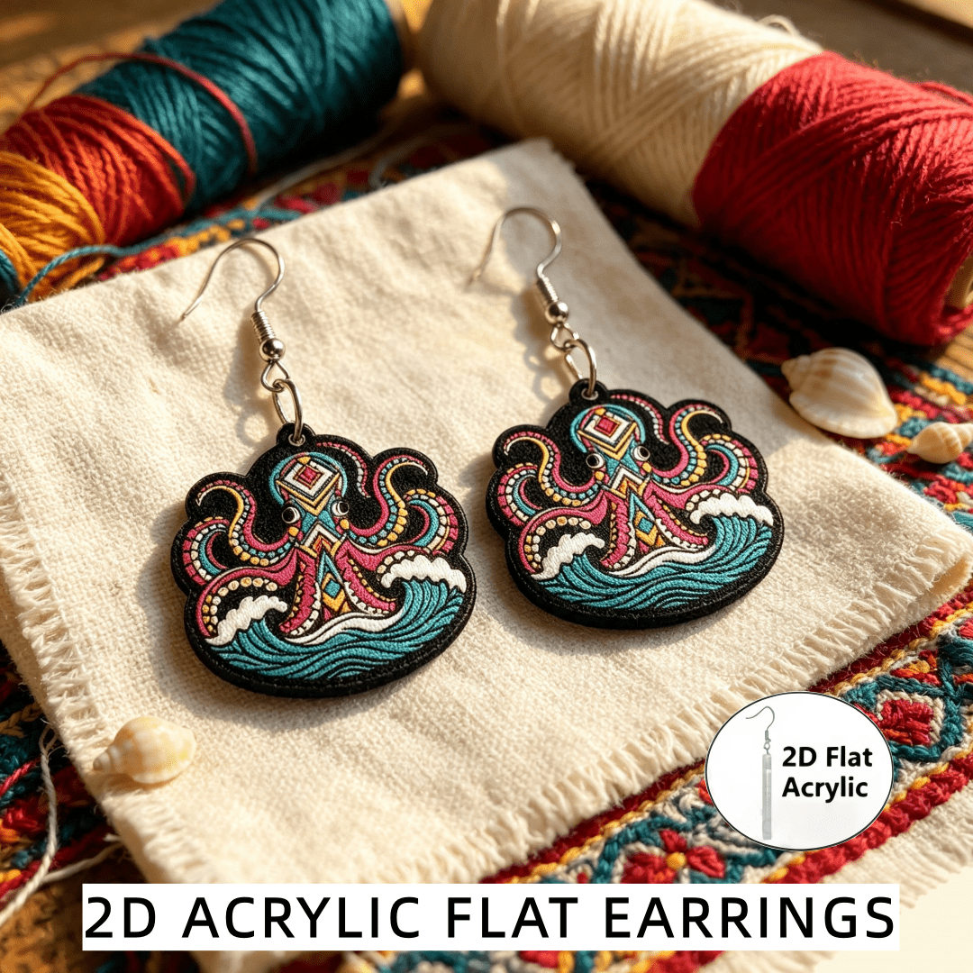 2D Flat Vibrant Ethnic Tribal Printed Octopus Dangle Earrings