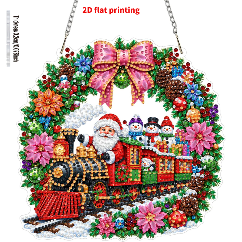 TEMU 2d Flat Printing Christmas 5d Diamond Painting Adult Kit, Christmas Train Wreath Diamond Painting Pendant, Diy Crystal Pendant Craft Kit, Home