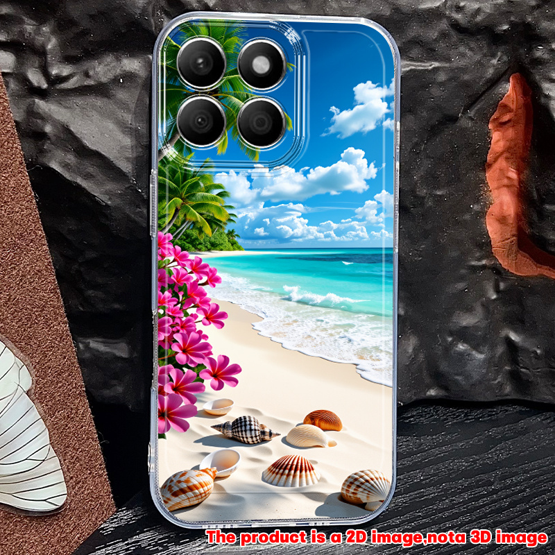 Etui za telefon - 2D ploski potisk s vzorcem tropske plaže, kokosove drevese, cvetličnega školjke za Redmi 10 12C 13 14C + A3 Note 8 11S 12 13