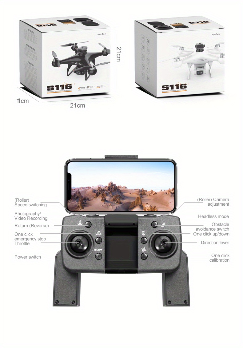 Drone Professionnel S116 avec Moteur Sans Balais, Système de Stabilisation Optique, Caméra Réglable, Wi-Fi FPV, Vidéo HD Sans Fil 480P, Autonomie Jusqu'à 15 Minutes - Idéal pour la Photographie Aérienne, la Course, la Cartographie, l'Inspection - Compatible Smartphone, Chargement USB, Drone Portable