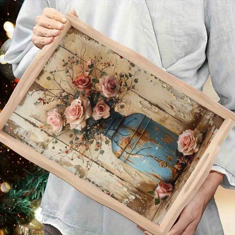 DIY Diamond Painting Tray Kit, Wooden Craft Service Tray, Round Diamonds, Full Drill, for Home Gatherings, Breakfast Serving, Coffee Tea Display, Party Supplies, Art Crafts