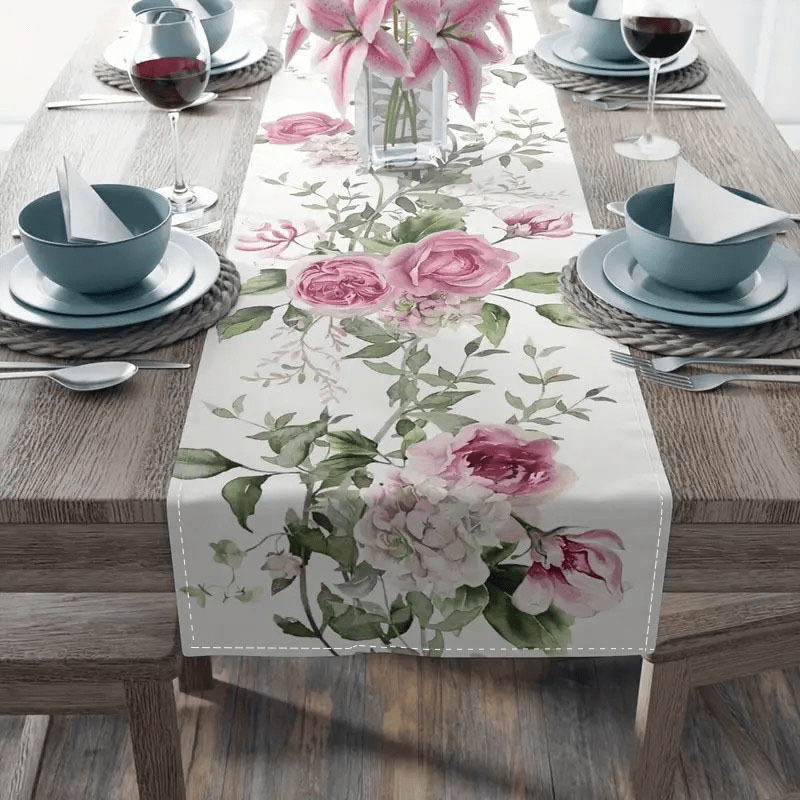 TEMU 1pc Elegant Rose Pattern Table Runner - Vibrant Pink, On Durable Polyester, Machine- For Indoor & Outdoor Family Gatherings, Dining Table Floral