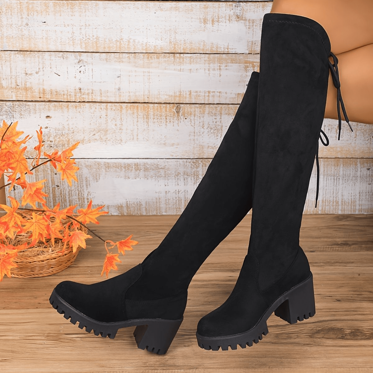 TEMU Women' Matte Cover Thigh-high Boots With Chunky Block Heel & Sole - High-stretch Pull-on Over-the-knee Riding Boots Suitable For Fall Winter,