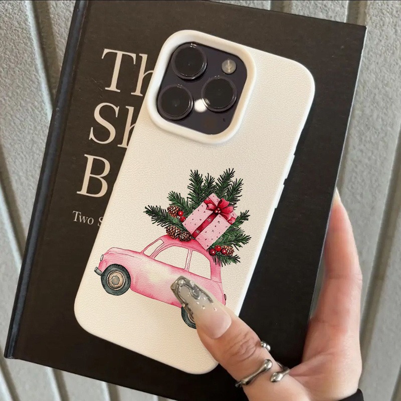 TEMU Phone Case: Pink Car Gift Pattern Drop-proof Lychee Texture Phone Case, Suitable For Iphone 17 16 15 14 13 12 Pro , Stylish Full-body Coverage