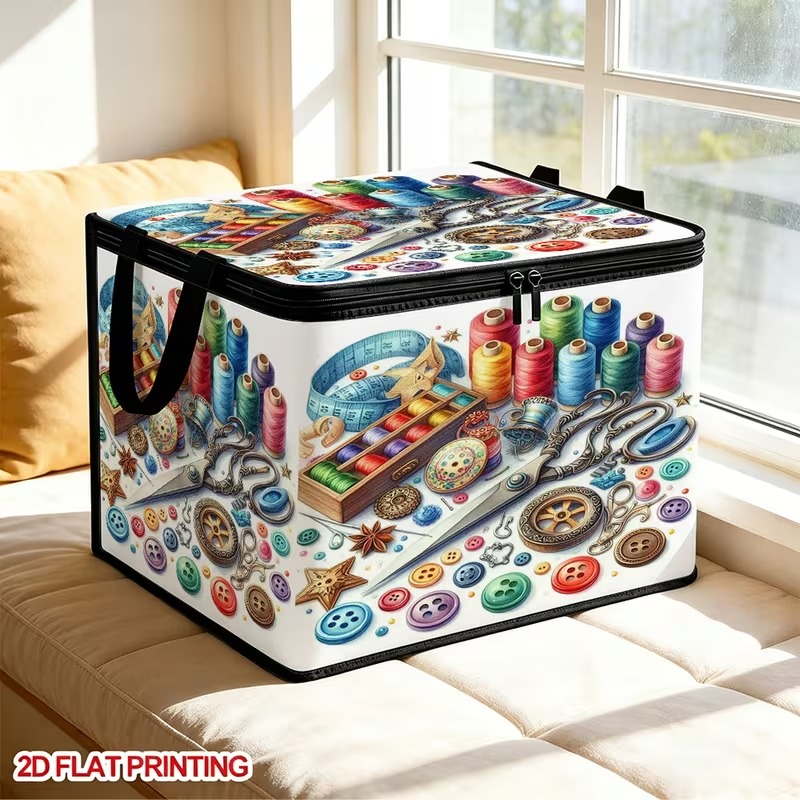 TEMU Grand panier pliable avec couvercle, motif d'outils de couture coloré aquarelle, plat 2D, boîte de rangement pliante pour placard à domicile,