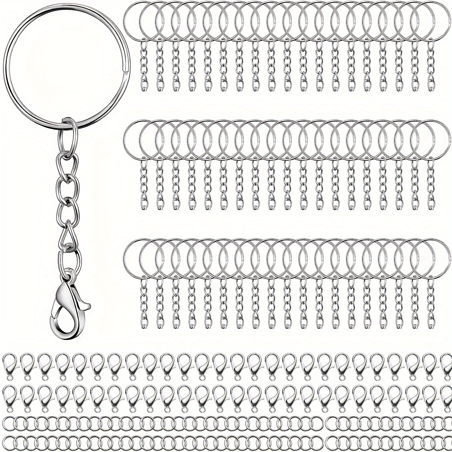 TEMU Kit de 150 piezas para hacer llaveros con cadena, 50 argollas con cadena, 50 argollas abiertas, 50 cierres de langosta, suministros para