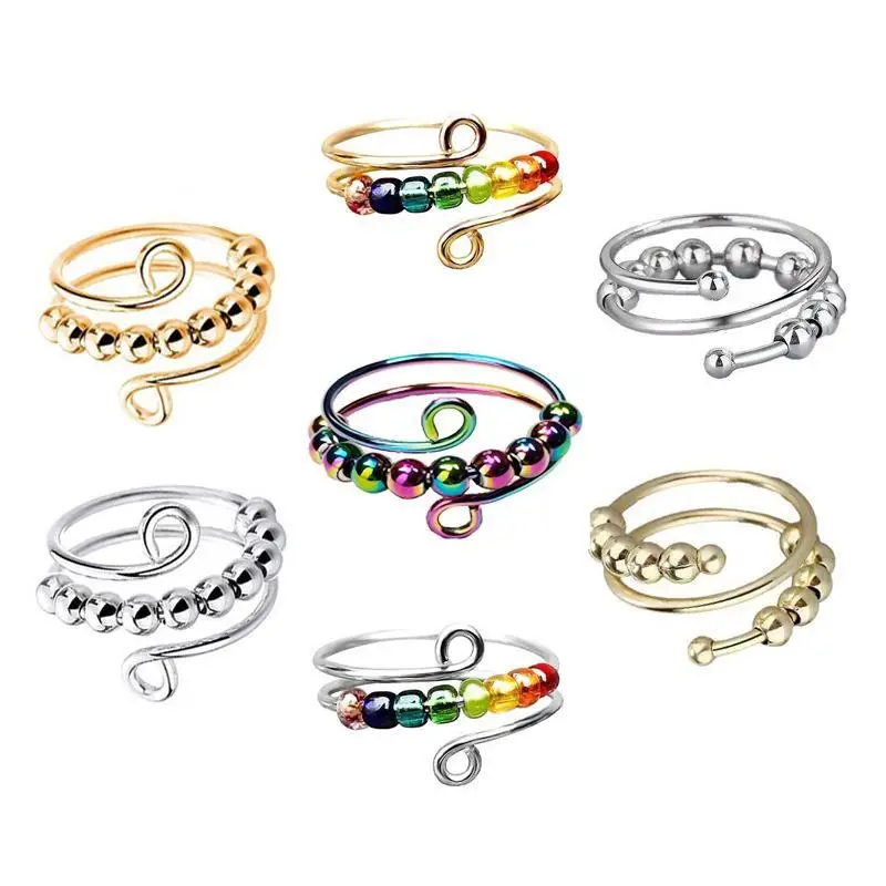 elegant boho stainless steel anxiety rings for women anti stress fidget spinner rings with rainbow beads rotates adjustable stacking jewelry for daily gift occasions christmas bohemian style best for christmas Product details 0