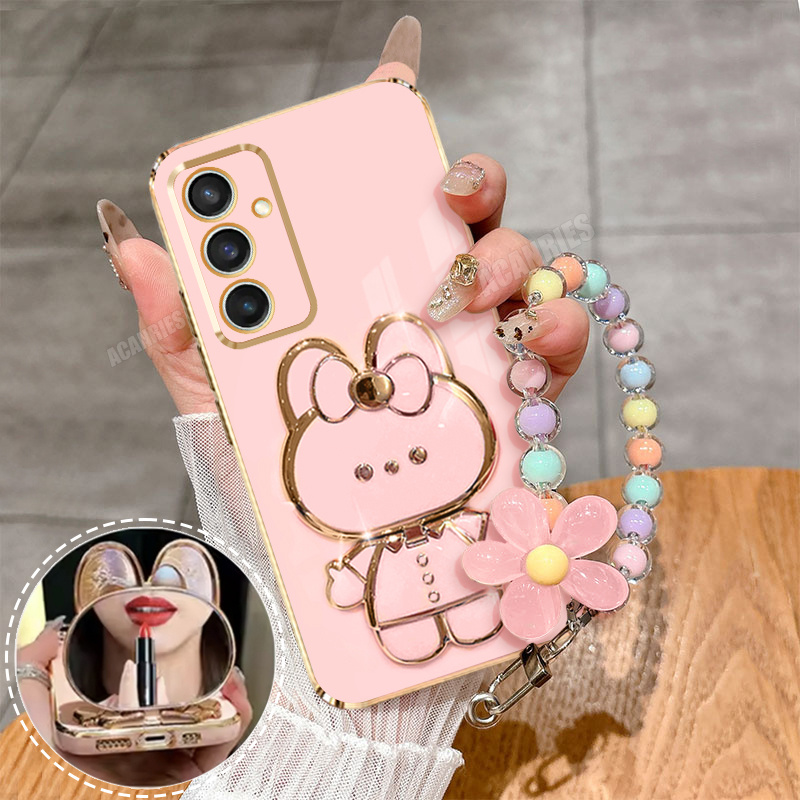 TEMU Phone Case - Acanries Colorful Beads Pink Flower Lanyard Wrist Strap Chain Cute Mirror Folding Holder Luxury Plating Phone Case For Galaxy S24/