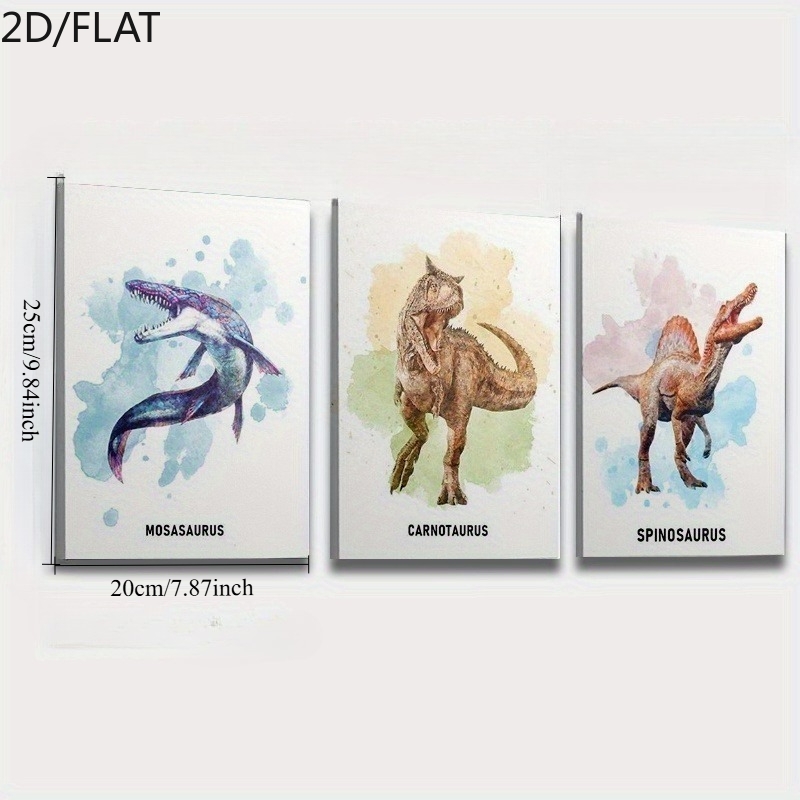 TEMU 2d Flat, 3pcs Watercolor Dinosaur Art Set - , Spinosaurus, And Mosasaurus - Boys' Room Decor, Vertical Wall Art For Living Room, Bedroom, And