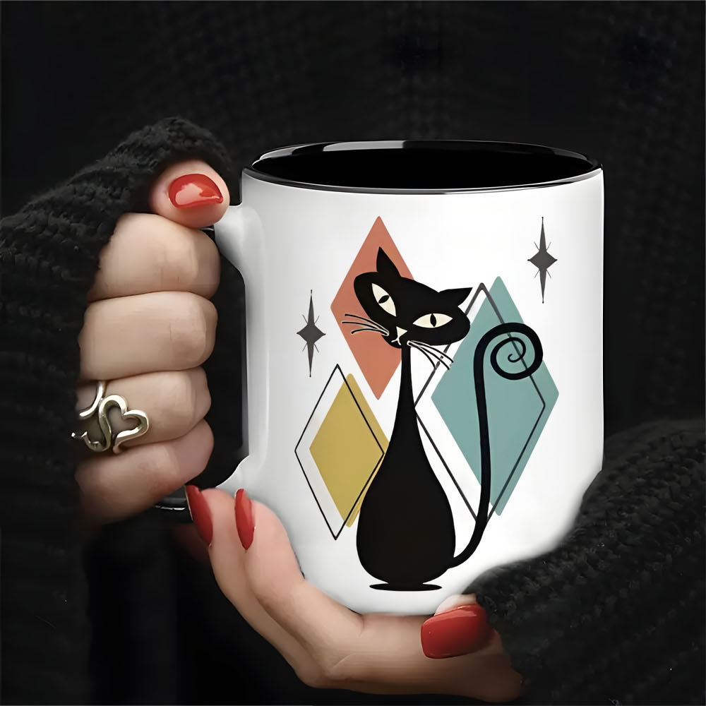 TEMU 11oz Vintage Atomic Cat Ceramic Mug With Glossy Rim Suitable For Home, Office, Coffee Bar - Retro Atomic Coffee Cup, Ceramic Teacup For Tea & ,