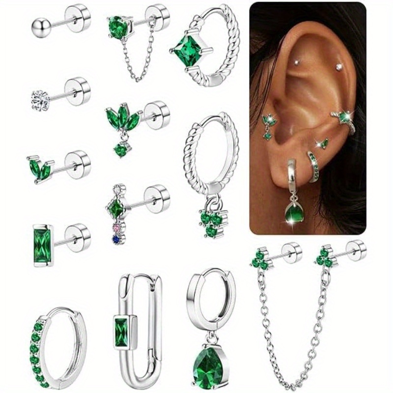 E-shop 2D Flat - 13-teiliges Edelstahl Flachohr Ohrring Set für Damen 14K Goldplattierung Knorpel Ohrring Leichter Ohrstecker Piercing Schmuck