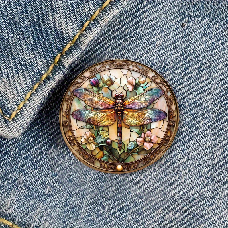 TEMU 1pc Of A Round Brooch Badge Featuring A Dragonfly And Made Of Stained Glass And Alloy Resin, Perfect For Decorating Backpacks, Hats, Clothing,