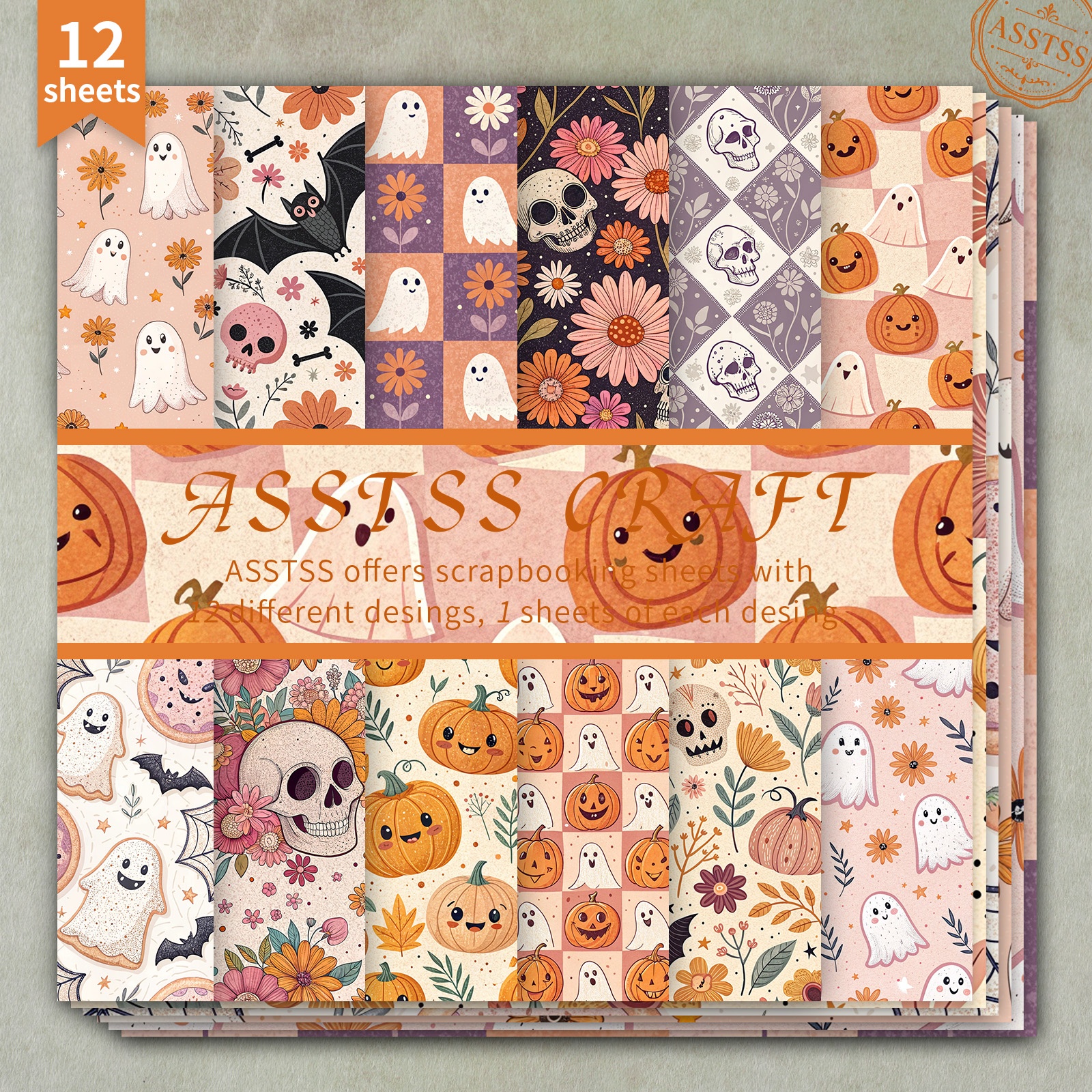 TEMU Lot de 12 feuilles de papier scrapbooking ASSTSS de 6X6 pouces, papier de base Halloween motif citrouille crâne chauve-souris fleur, papier