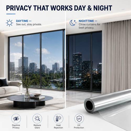 static cling film reflective surface daytime privacy with glare control heat reduction corporate offices retail stores