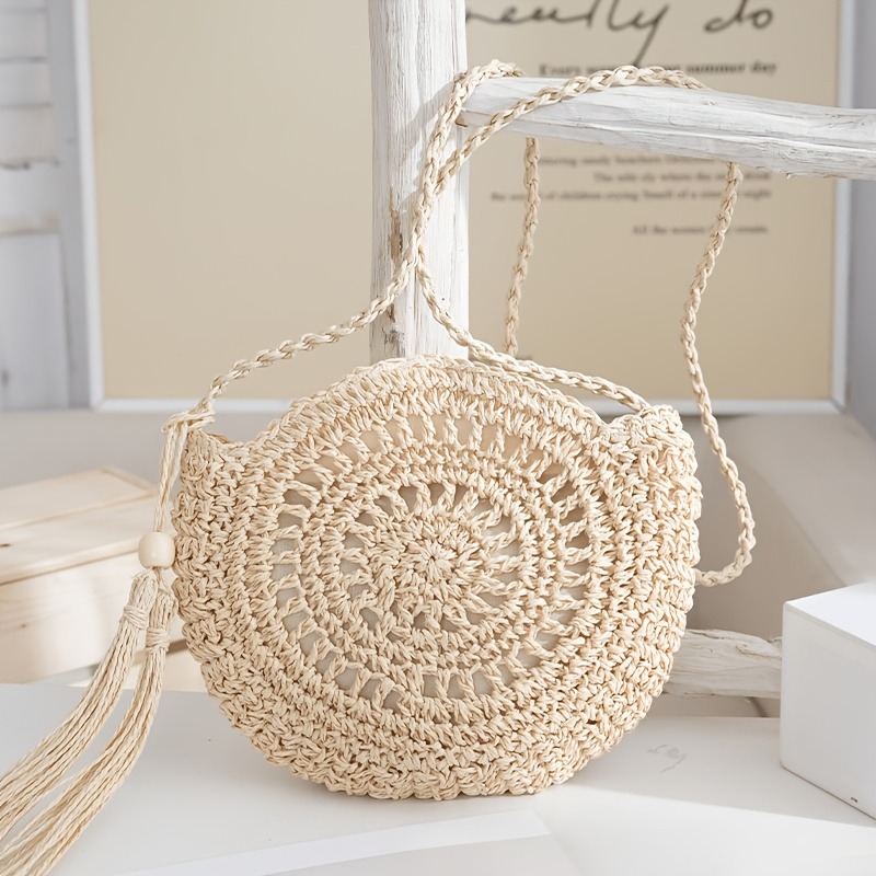 TEMU 2026 New Straw Bag Bohemian Style Hand-woven Round Bag, Trendy Niche Vacation Beach Shoulder Messenger Bag