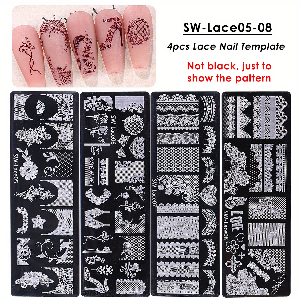 Image of 4 Sheet Lace Flower Nail Plates Drawing Template Retro Rose Bow Floral Line French 3d Image Stencil Mold Printing Tools Additions