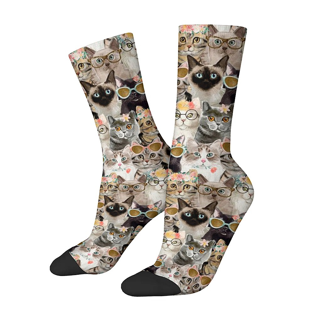 

1 Pair Unisex Style Seamless Print Fun Novelty Crew Socks, Polyester And Spandex , Knit Fabric, With Random Cat Print, For Best Gift