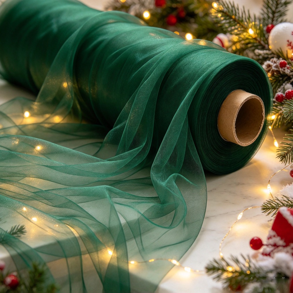 TEMU Rouleau de 1 pièce de tulle organza en vert foncé, tissu décoratif sur le thème de Noël, 100 % , ourlis renforcé par surpiqûre, résistant aux