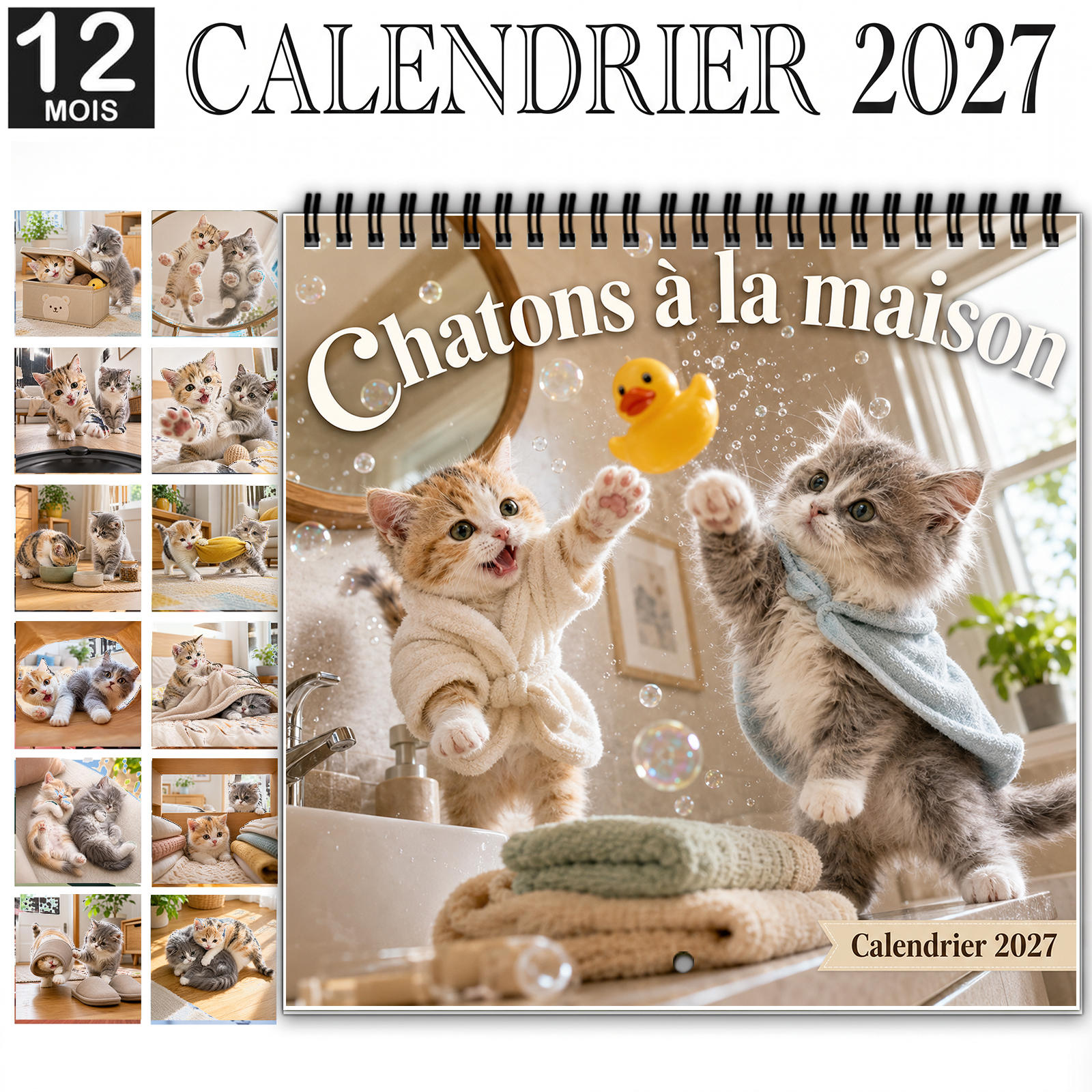 TEMU Calendrier mural de Noël 2027 en avec des chats, planificateur mensuel de 12 mois relié épais et brillant, met en des chatons adorables dans des