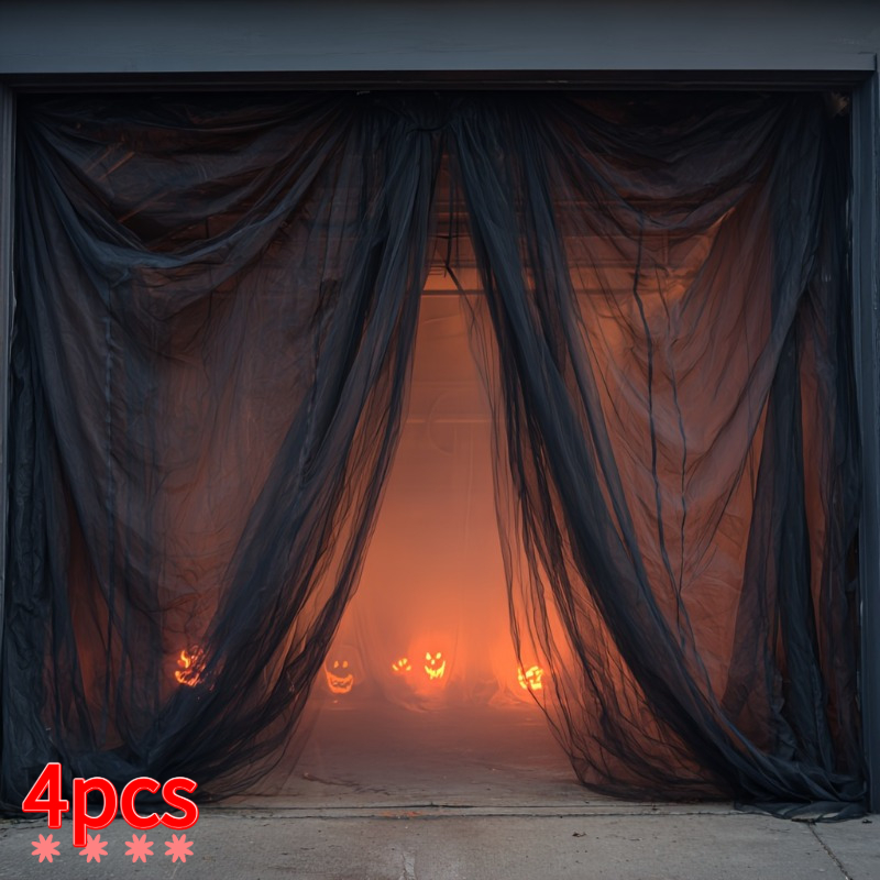 TEMU 4pcs 75.12x100.11cm Large Black Tulle Fabric Decor ( Used As Table Runner Or Door Curtain) - Atmosphere Halloween Party Decoration, Elegant