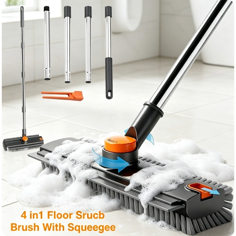 TEMU Double-sided Floor Scrub Brush, Detachable Grab Clip & Built-in Squeegee, 360° Rotating Head, Heavy-duty Stiff Bristles, Extendable Stainless-