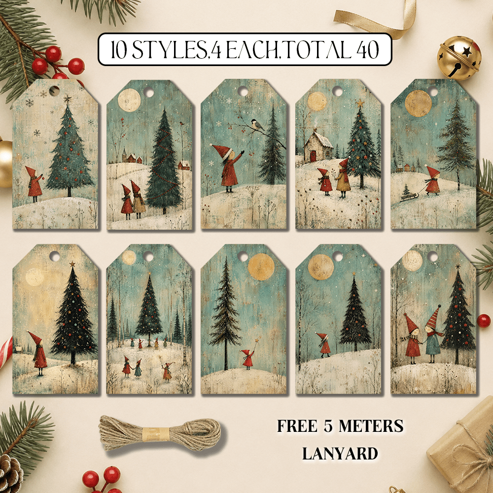 TEMU 40pcs Vintage Folk Elf Christmas Hanging Tags, 10 Styles Of Distressed Fairytale-style Christmas Gift Tags, Winter Souvenir Labels, Christmas