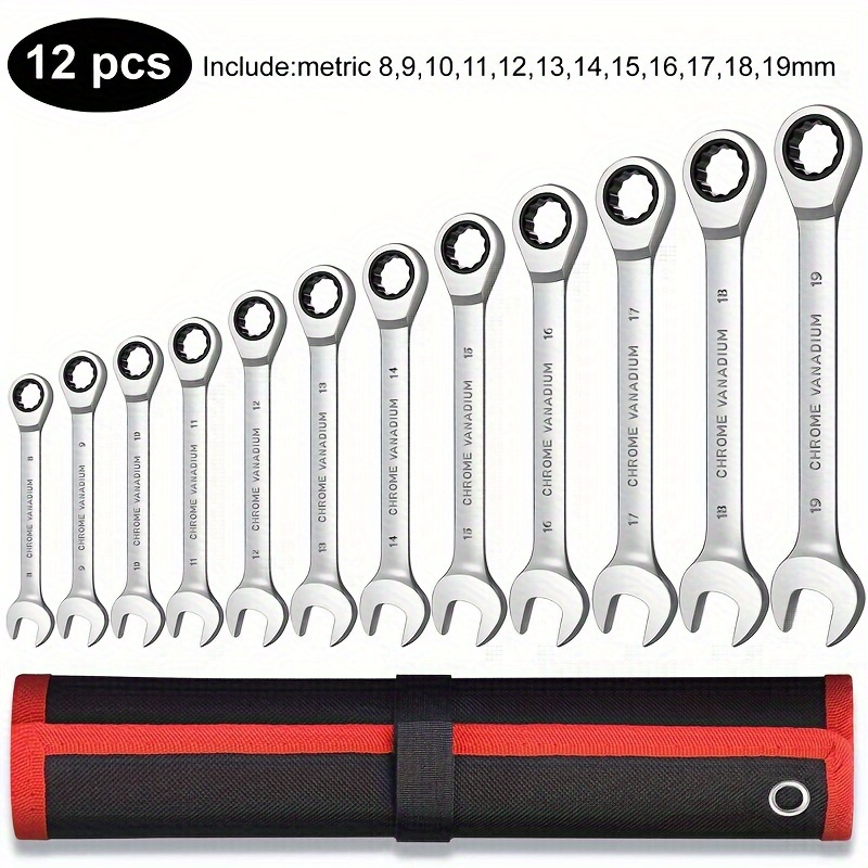 TEMU 3pcs/6pcs/8pcs/12pcs Chrome Vanadium Steel Combination Spanner Set (8-19mm) - Fixed Head Ratchet Wrench, Mechanical Operation, Non-adjustable