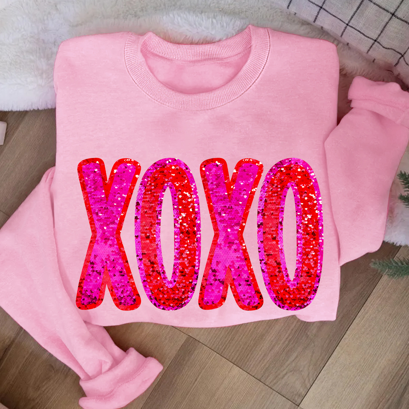 

Women's Glitter Print Sweatshirt, Polyester 100% Knit Crew Neck Casual Pullover, 250g/m² Velvet Fabric, Valentine's /fall Fashion Top