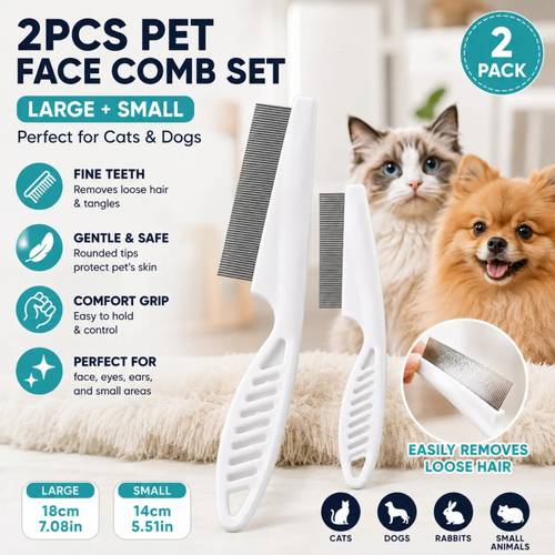 pet face comb set for cats and dogs fine tooth stainless steel grooming comb removes loose fur flea and removal comb anti shedding small and large size 2pcs