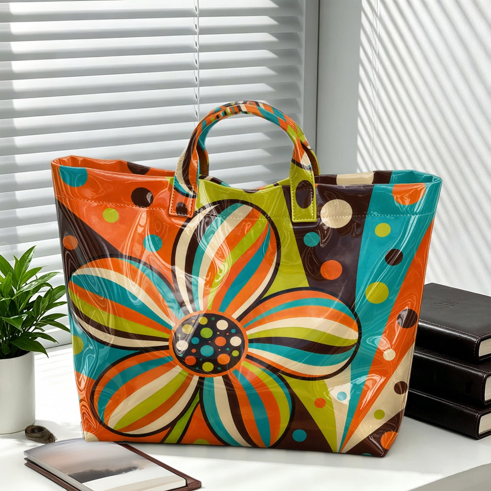 TEMU 1pc Orange Blue Green Pop Art Striped Large Flower Polka Dot Print Glossy Tote Bag, Trendy Spacious Handbag For Summer Street Outfit, Shopping,