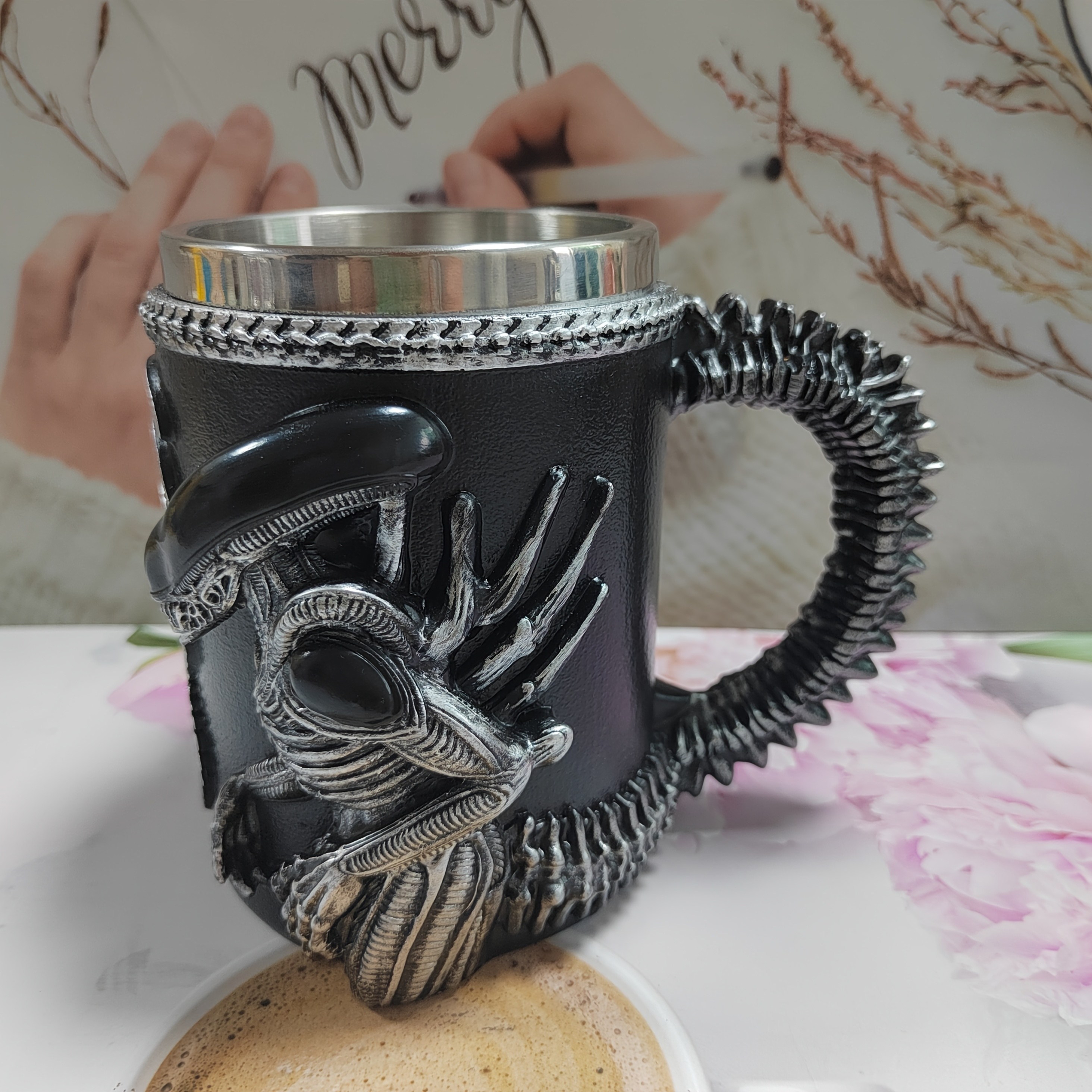 1pc, Cup, Stainless Steel Cup, 3d Embossed Resin Technology, Fantasy Style Coffee Cup, Beer Mug