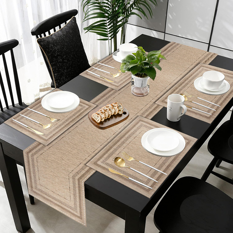 TEMU 5/7pcs Vintage Beige Textured Print Placemats And Table Runner, Simple Geometric Border Design Polyester Dining Table Mats, Rustic Farmhouse