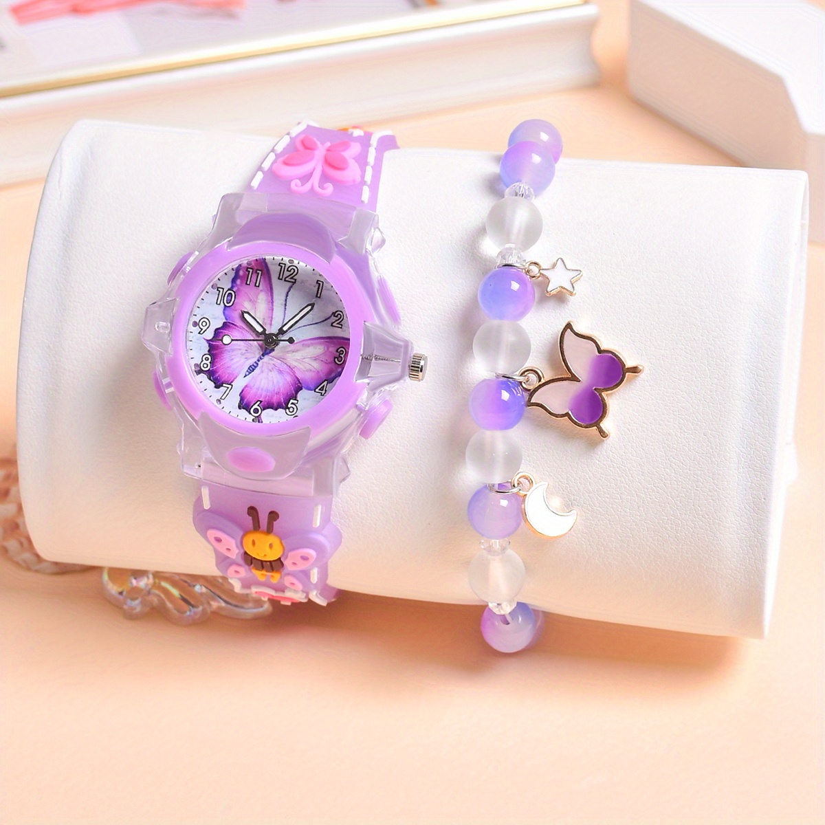 Image of New Style 2pcs/set 3d Silicone Belt Led Flash Luminous Quartz Watches For Kid Children Fashion Flower Girls Wristwatch With Beads Bracelets