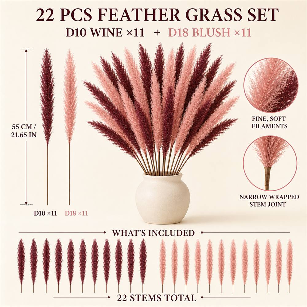 TEMU 22pcs 21.65-inch Burgundy And Light Pink Artificial Pampas Grass | Suitable For Easter/thanksgiving/mother's Day And Other Decorations, Desktop