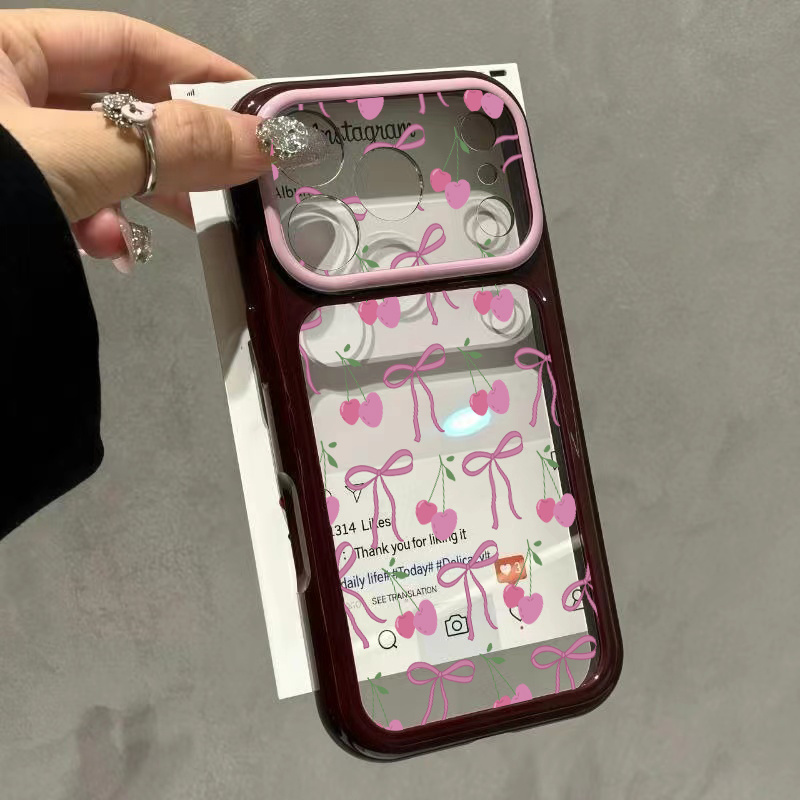 TEMU Phone Case - Cherry Bow Pattern Burgundy Wine Red Large Window Phone Case For Iphone 18 17 Pro 17 18 Pro Max Advanced Glossy Border Phone Case