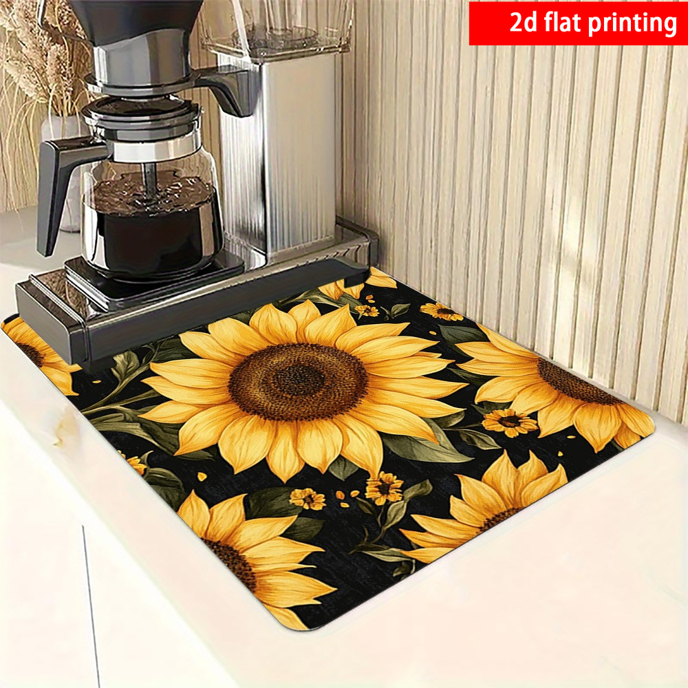 TEMU 2d Flat Printing, 1pc, Sunflower Pattern Absorbent Placemat, Tableware Drying Mat, Suitable For Bowls And Plates, Used For Coffee Machines,