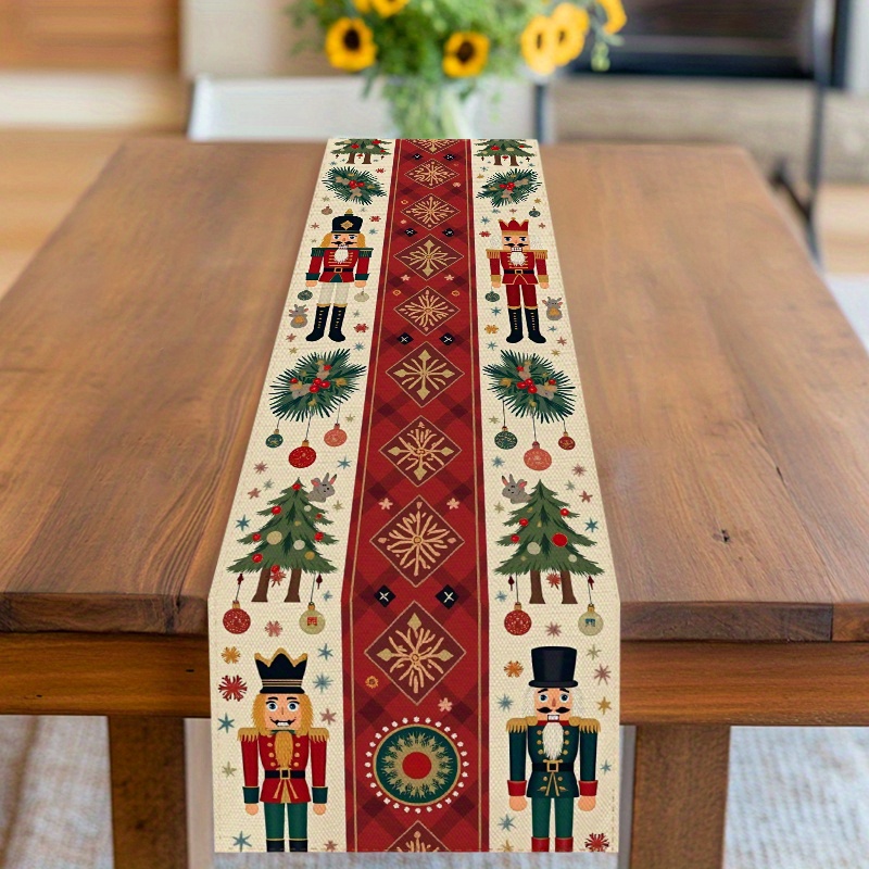 TEMU 1pc Festive Christmas Table Runner With Nutcrackers, Pine Trees & Ornaments - Holiday Decor For Home, Kitchen, Restaurant | Durable Polyester