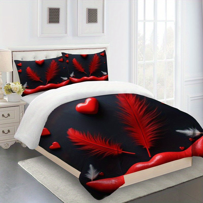3pcs romantic   heart print bedding set, modern couple theme duvet cover soft microfiber bedroom set black background valentine s day design main bedroom   home bedding set 1 duvet cover + 2 pillowcases Product details 2
