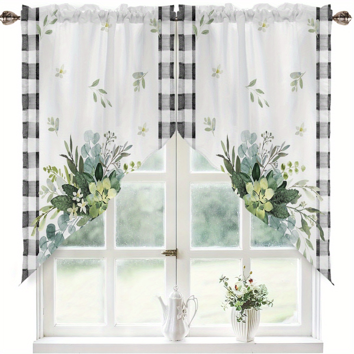 Image of 2 Watercolor Green Plant Floral Designs With Vases With Black And Checkered Pattern Country-style Small Triangular Curtains, Suitable For Kitchen, Living Room, And Bedroom Window Decoration