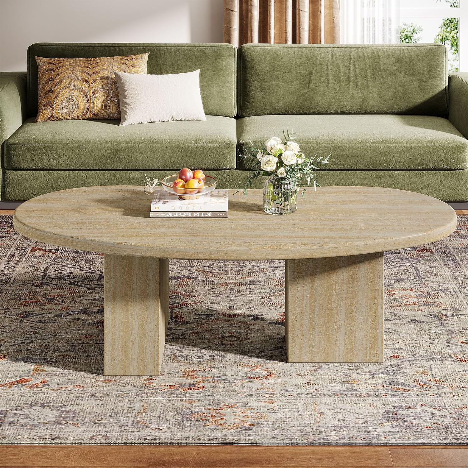 45.28-inch Large Oval Coffee Table For Living Room - Center Table With Asymmetric Pedestal Base, Scratch-resistant Wood Top & Low Profile, Assembly (oak) Suitable For Living Room, Office, Cafe