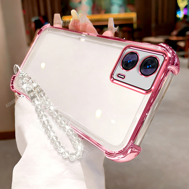 TEMU Phone Case: Acanries Clear Bead Chain Lanyard Wrist Strap With Luxury Plating Transparent Shockproof Protective Tpu Soft Phone Case For Motorola