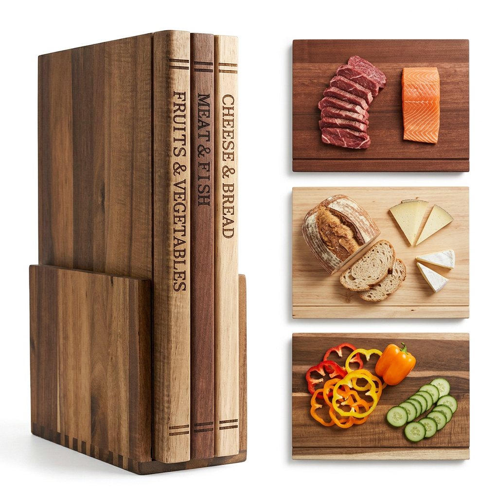 E-shop 4-tlg. Holz-Schneidebrett im Buchstil mit Aufbewahrungsständer - für Küchenvorbereitung Organisation (Fleisch, Fisch, Obst, Gemüse, Brot),