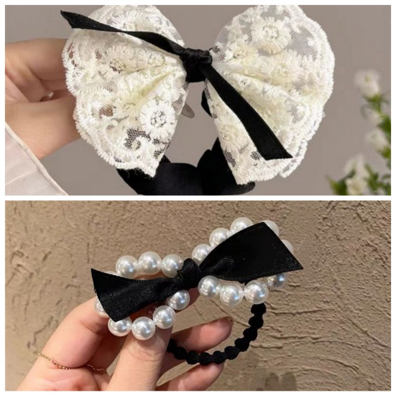 TEMU 2er-Set: Elegante Spitzen-Schleife im französischen Stil + Haargummi mit Perlen-Schleife, Haarseil für niedrigen Pferdeschwanz, geflochtenes
