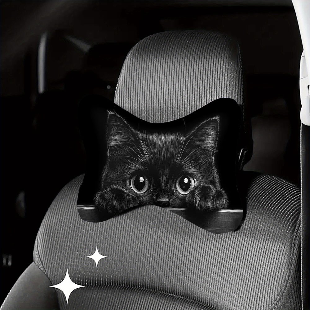 TEMU 1pc, Cute Black Cat Printed Car Headrest, Neck Pillow And Lumbar Support, Soft And Fluffy, Contouring The Cervical Spine, Use, Suitable For